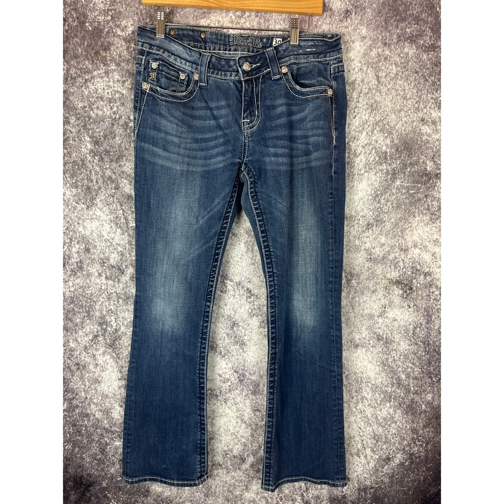 Miss Me Jeans Womens 30 Blue Leather Cross Pocket Bootcut Bling Y2k 90s Vintage